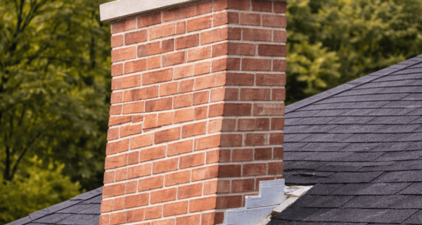 Brick chimney with concrete crown and metal cap above a weathered shingle roof