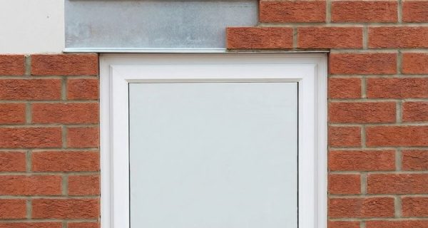 Metal lintel above a white door set within a red brick wall