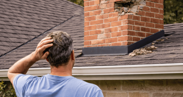 Person looking up at a brick chimney with severe masonry damage and missing bricks above a roofline