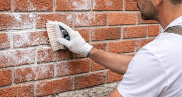 Professional mason gently cleaning efflorescence from a brick wall on a Toronto home
