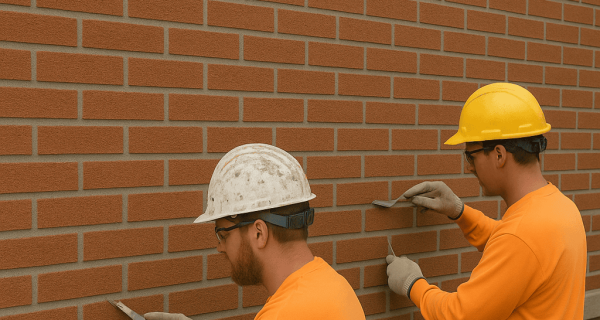 Two masonry workers applying mortar to joints on a brick wall