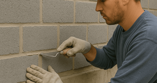 Masonry worker repairing wall