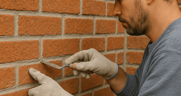 Masonry worker tuckpointing wall