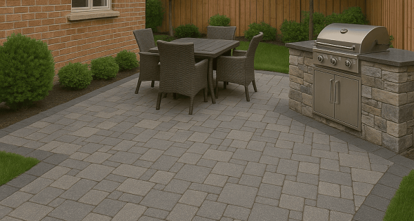 Grey interlocking stone patio with outdoor dining area and built-in grill beside a brick house