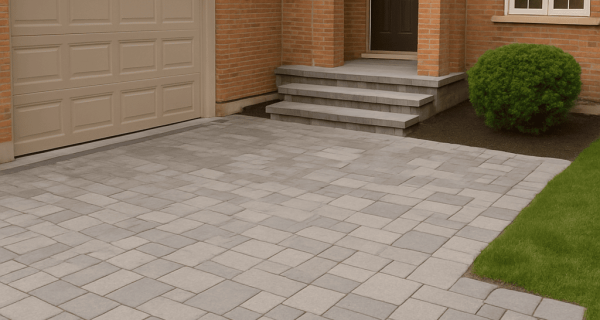 Gray interlocking paver driveway leading to concrete steps and a brick home entrance