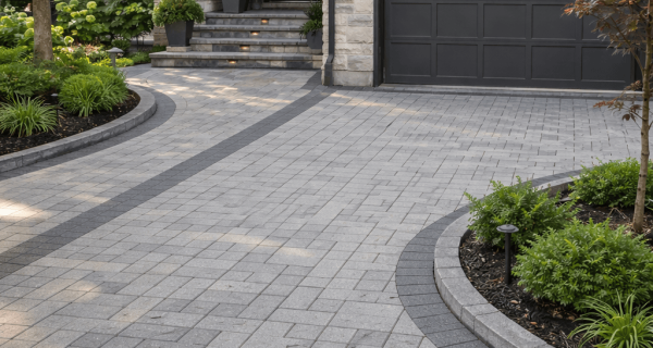 Gray interlocking paver driveway and entrance walkway with dark borders beside landscaped planting beds