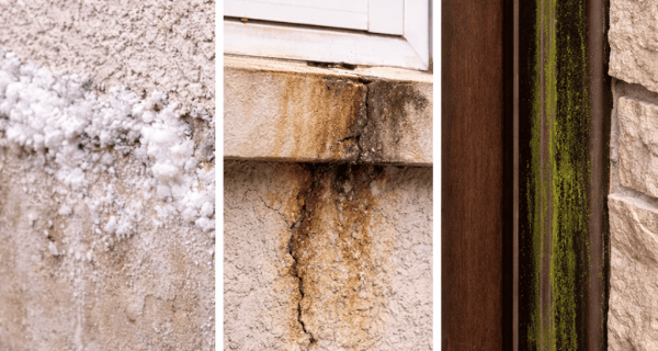Close-up stucco damage showing staining, cracking beneath a window, and green growth beside an exterior door