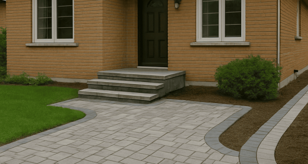 Interlocking stone driveway and curved front walkway leading to an older brick bungalow