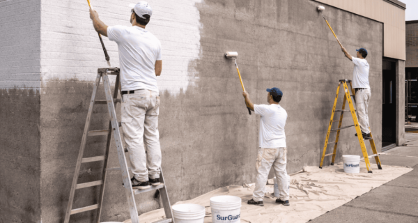 Workers roll SurGuard coating across a commercial concrete block exterior wall
