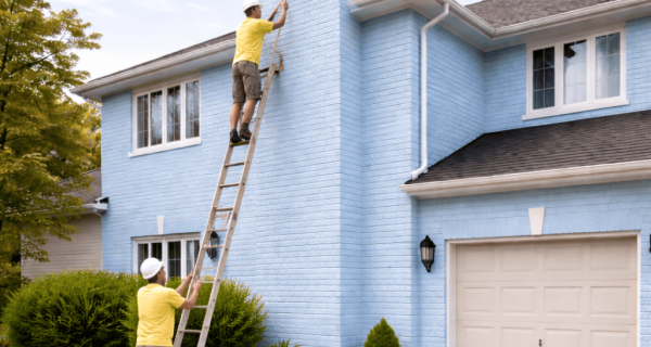 Worker applying a light blue coating to the brick chimney of a residential home