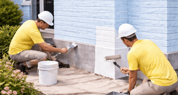 Workers apply coating to a house foundation beside a light blue painted brick wall
