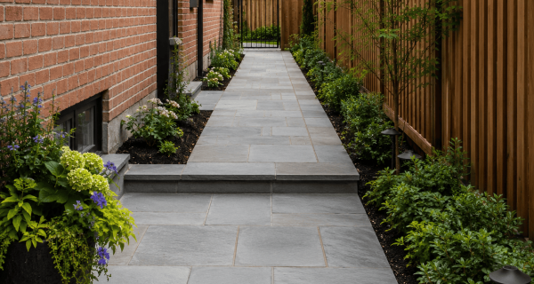 Gray stone walkway between a brick house and wood fence, bordered by planted garden beds