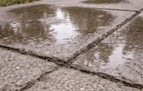 Rainwater pooling across textured concrete walkway slabs with visible joints and uneven edges