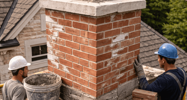 Masons rebuild a brick chimney around a metal flue, with fresh mortar and a concrete crown on scaffolding.