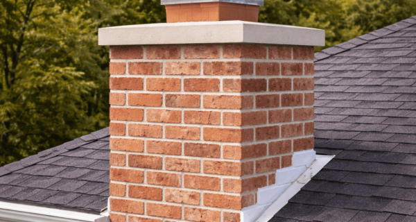 Red brick chimney with a concrete crown and metal cap above a blue-painted house