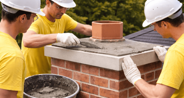 Workers apply mortar to a brick chimney crown around a terracotta flue