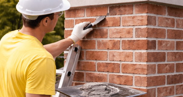 Mason applying mortar to joints on a red brick chimney beneath a metal chimney cap