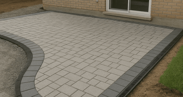 Interlocking stone patio with curved border and linear drainage channel beside a brick home