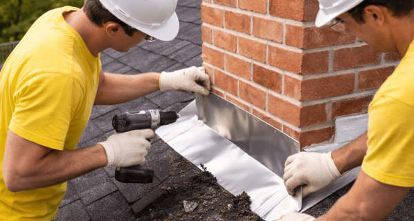 Two workers install metal flashing where a brick chimney meets the shingle roof