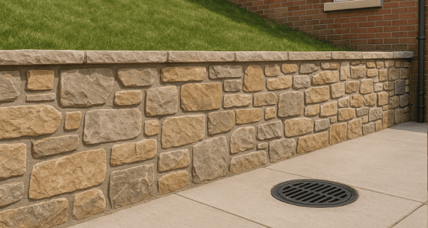 Stone retaining wall with a capped top beside a concrete walkway and ground drain