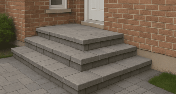 Grey interlocking stone steps and landing leading to a white front door beside a brick wall