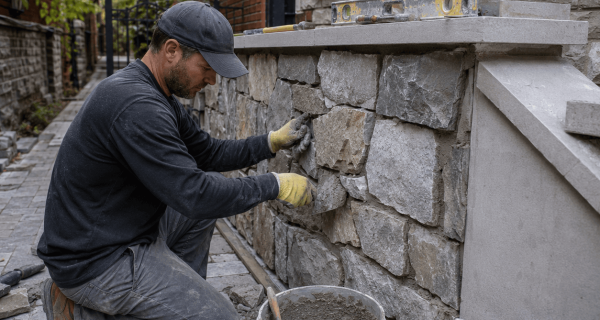 Stone masonry contractor building an exterior stone wall in Toronto