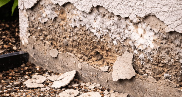 Severely flaking stucco exposes the rough substrate above a gravel garden bed