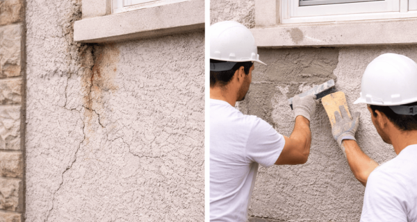 Cracked stucco around a window beside workers applying fresh stucco to an exterior wall