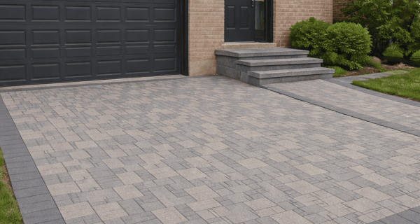Gray interlocking paver driveway leading to a brick home entrance and garage