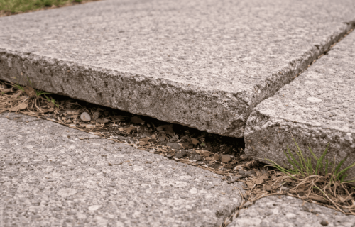 Raised and shifted concrete walkway slab with an open gap and uneven surface