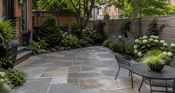 Natural stone patio with irregular slate paving, garden beds, trees, and outdoor dining furniture