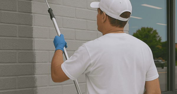 Worker applies SurGuard® coating with a roller to a textured concrete block facade