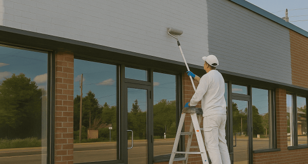 Worker applies SurGuard® coating to a commercial concrete block facade above storefront windows