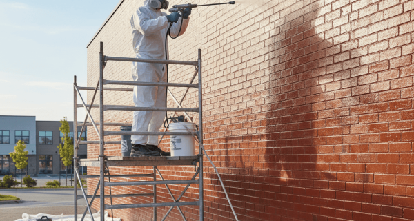Crew applying SurGuard masonry coating to a Vaughan commercial brick wall