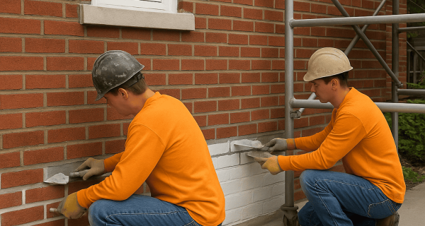 Two masonry workers apply mortar along the lower section of a red brick wall beside scaffolding