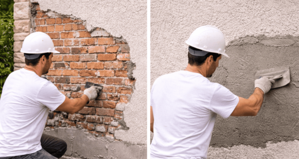 Worker repairs an exterior stucco wall, with exposed brick on one side and fresh gray coating on the other