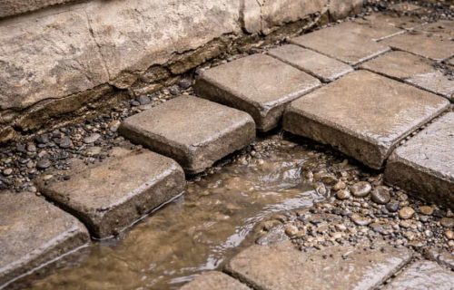 Standing water between uneven patio pavers beside a stained concrete foundation edge