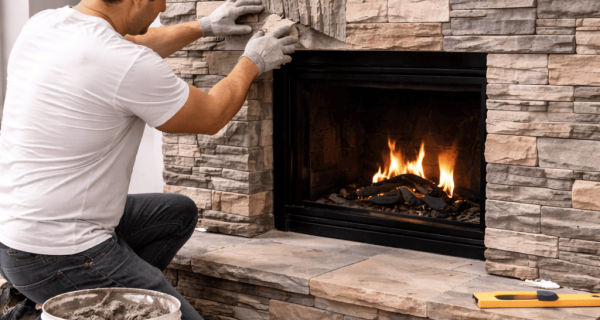 Worker positioning stone veneer pieces around a fireplace opening and mantel