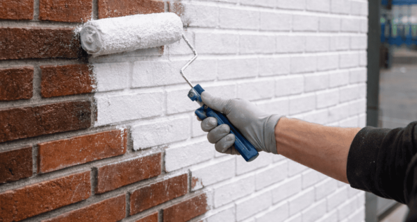 Worker applies white coating to a red brick wall with a paint roller