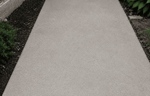 After concrete repair porch step leading to front door with surrounding garden beds.