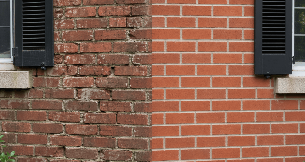 Side-by-side comparison of weathered brickwork and cleaner, uniform restored brickwork around a window