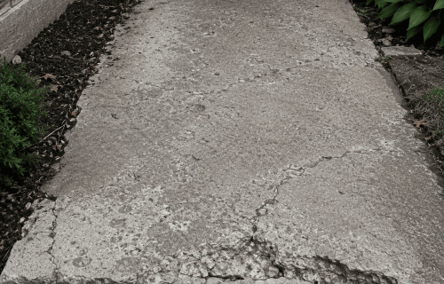 Cracked, heavily spalled concrete walkway and front entry step with exposed aggregate