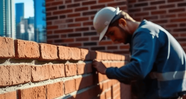 Mason working along the mortar joints of a red brick wall