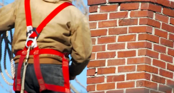 Masonry worker secured by harness beside a red brick chimney with deteriorated upper mortar joints