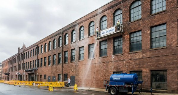 Workers pressure wash a large brick commercial facade from an elevated platform