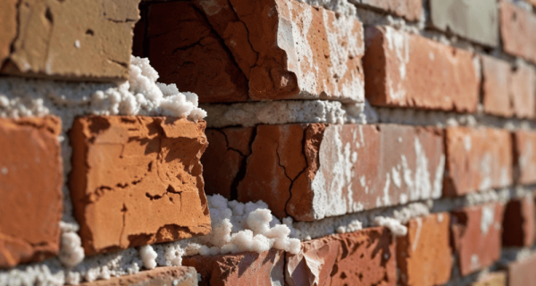 Close-up of cracked, flaking red brick with deteriorated mortar joints and white surface deposits