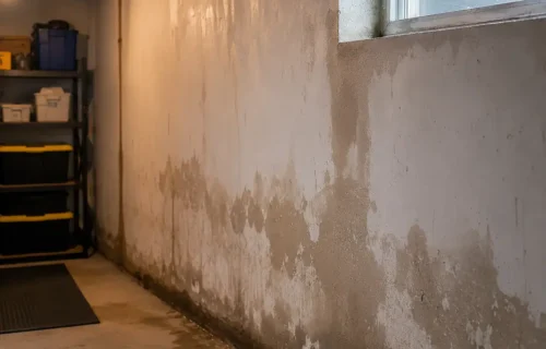 Damp basement wall with water stains, peeling coating, and moisture along the concrete floor
