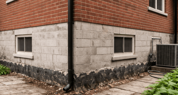 Concrete block foundation walls beneath red brick exterior walls at a building corner