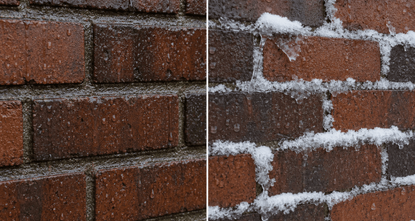 Close-up brick wall wet from rain, with snow and ice collecting along the mortar joints