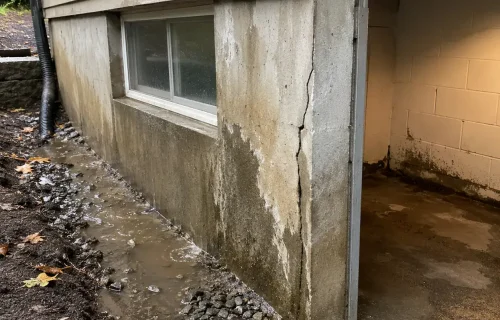 Cracked, water-stained foundation wall with pooling water near a basement window.